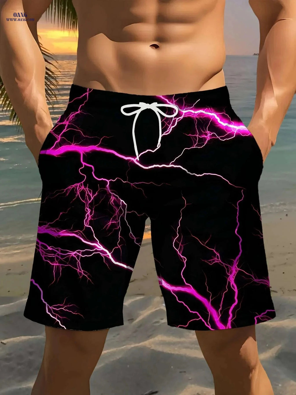 Men's Black Beach Shorts - Vibrant Pink Lightning Bolt Print   OAXG Black / S