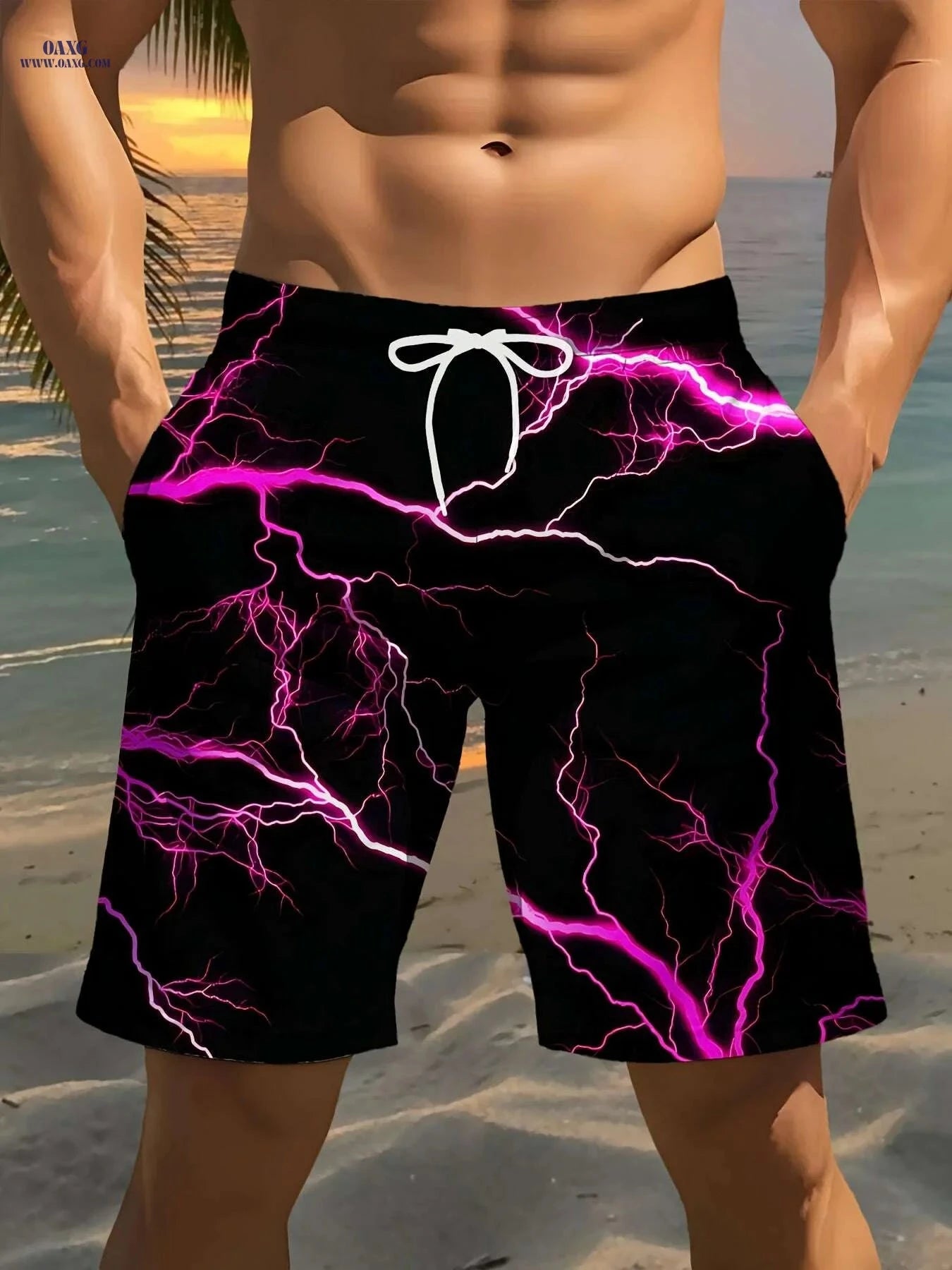 Men's Black Beach Shorts - Vibrant Pink Lightning Bolt Print   OAXG Black / S