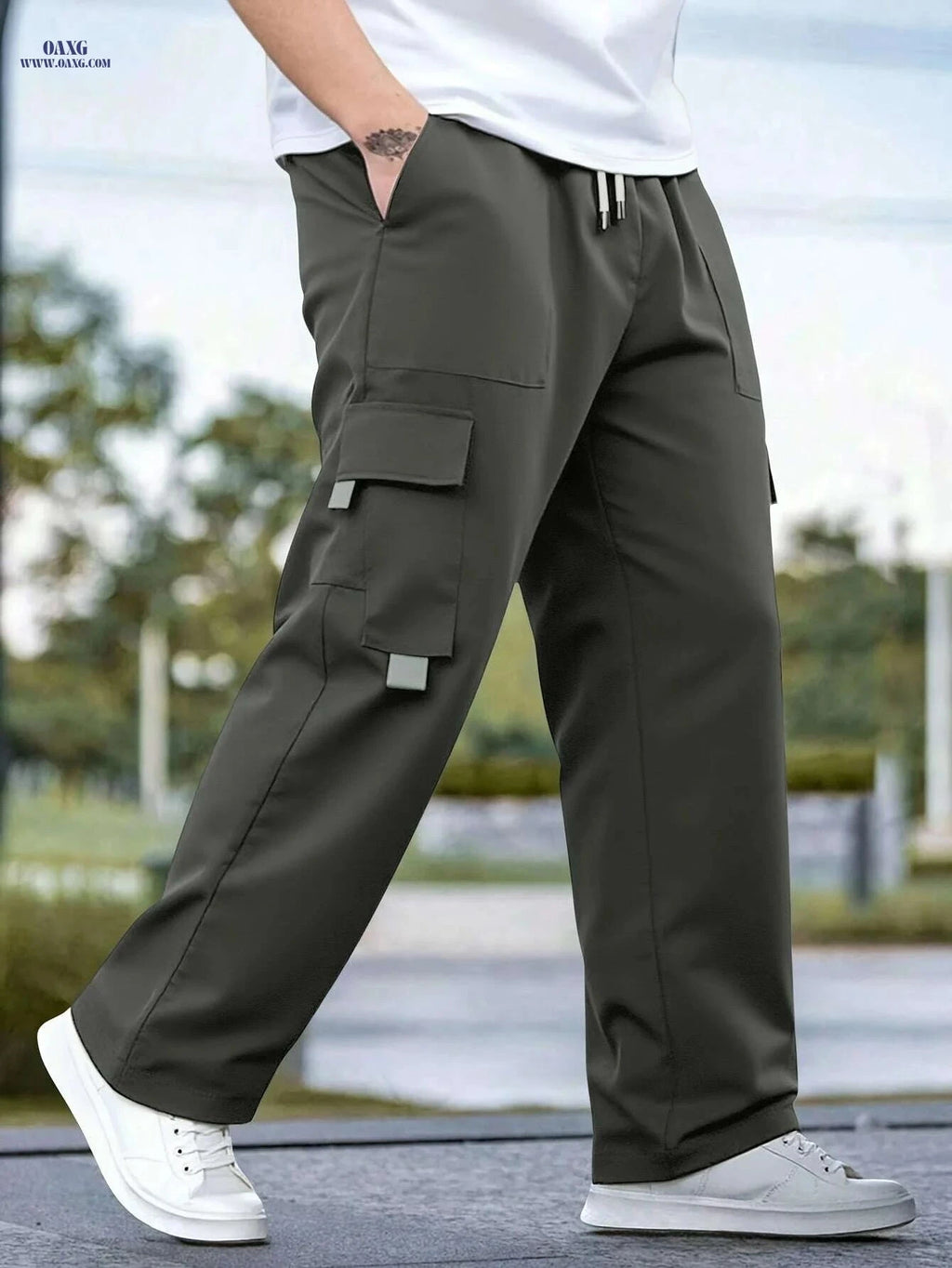 Men's Black Cargo Pants - Loose Fit, Drawstring Waist for Streetwear   OAXG Dark Gray / XS