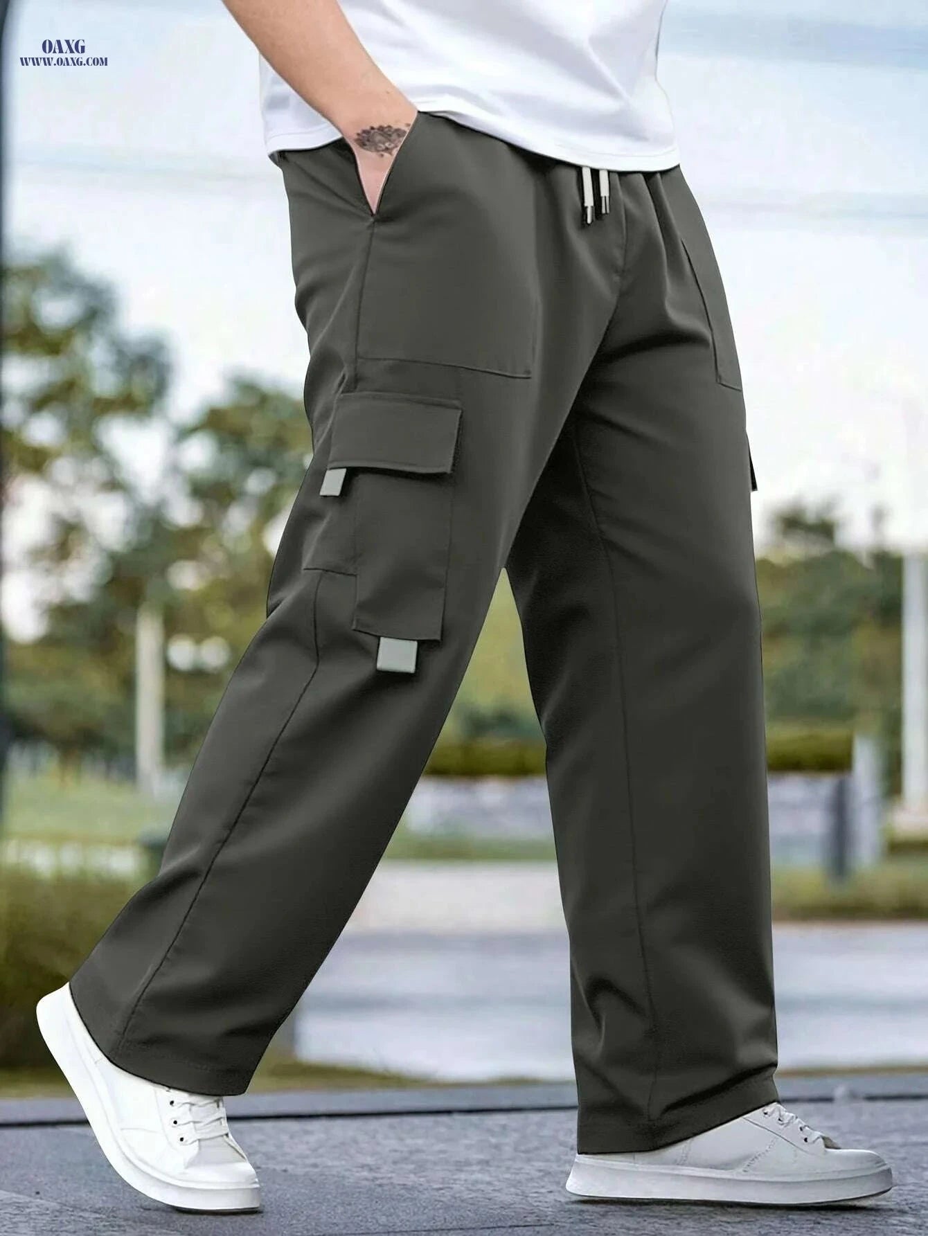 Men's Black Cargo Pants - Loose Fit, Drawstring Waist for Streetwear   OAXG Dark Gray / XS