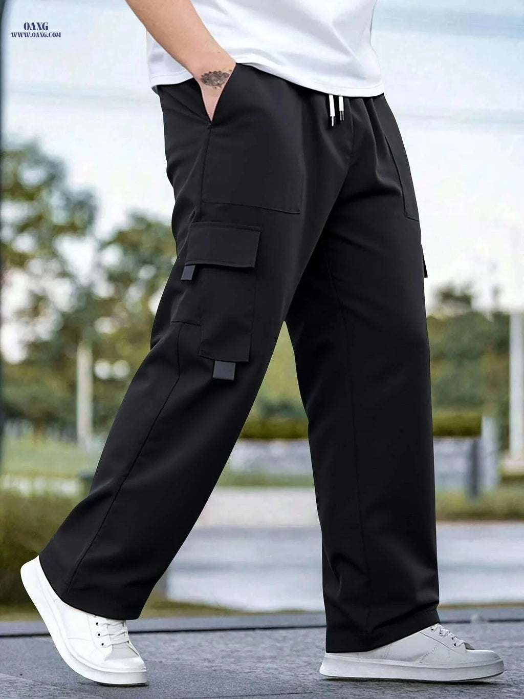 Men's Black Cargo Pants - Loose Fit, Drawstring Waist for Streetwear   OAXG Dark Gray / XS