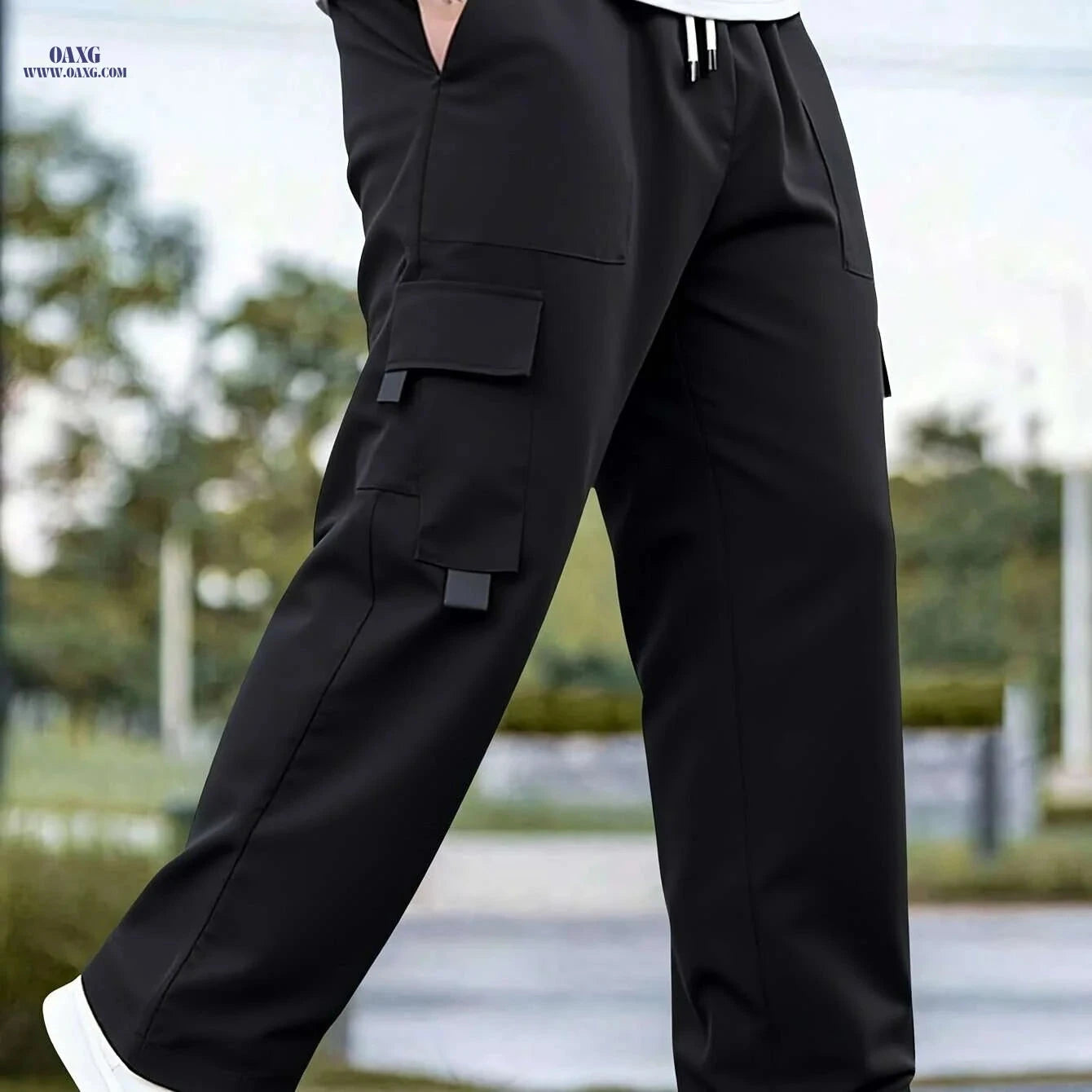 Men's Black Cargo Pants - Loose Fit, Drawstring Waist for Streetwear   OAXG 