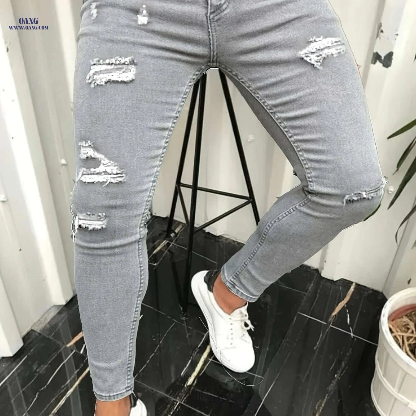 Men's Black Elastic Patch Jeans - Stylish Casual Motorcycle Pants   OAXG 