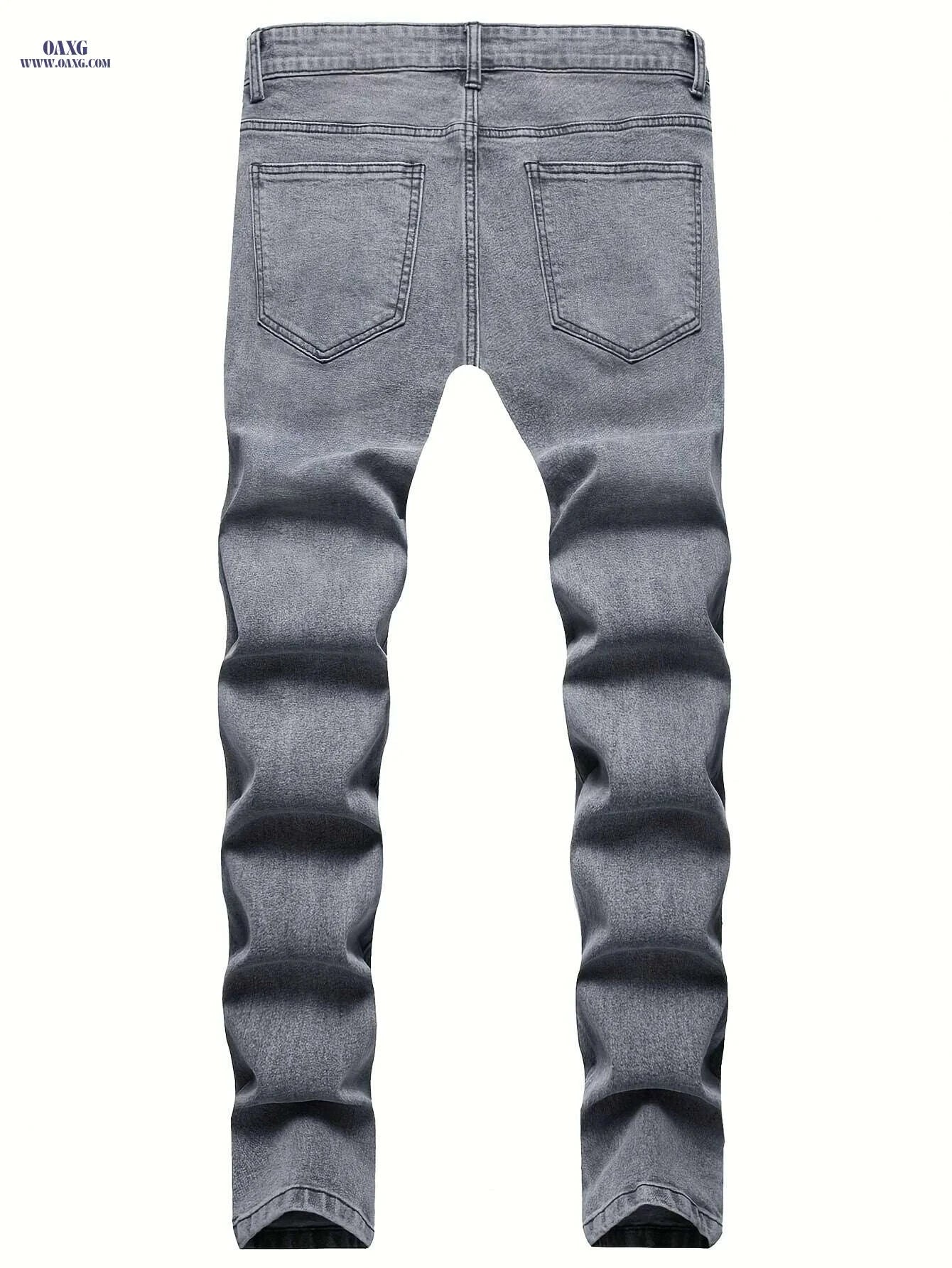 Men's Black Elastic Patch Jeans - Stylish Casual Motorcycle Pants   OAXG 