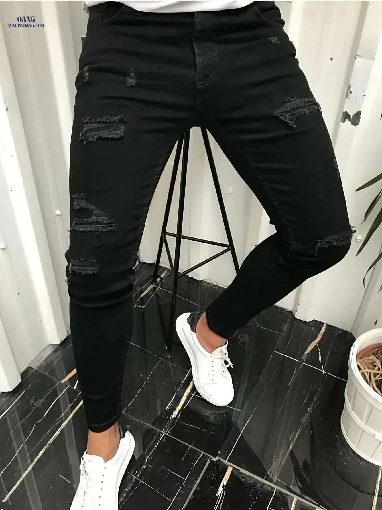 Men's Black Elastic Patch Jeans - Stylish Casual Motorcycle Pants   OAXG Black / 28