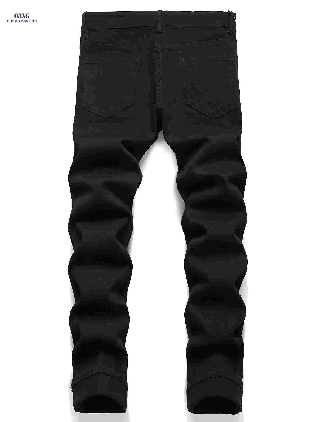 Men's Black Elastic Patch Jeans - Stylish Casual Motorcycle Pants   OAXG 