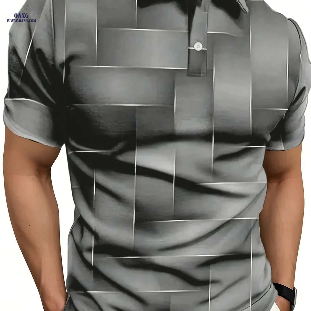 Men's Black & Golden Geometric Print Shirt - Stylish Short Sleeve Casual   OAXG 