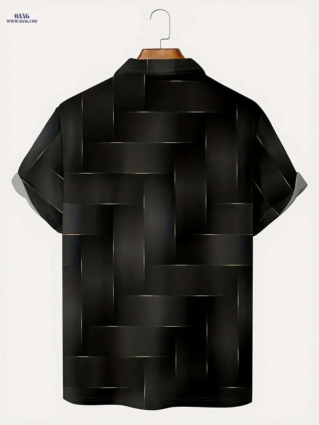 Men's Black & Golden Geometric Print Shirt - Stylish Short Sleeve Casual   OAXG 