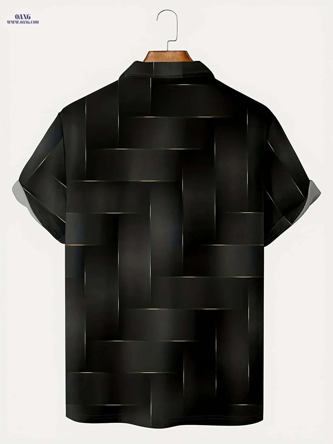 Men's Black & Golden Geometric Print Shirt - Stylish Short Sleeve Casual   OAXG 