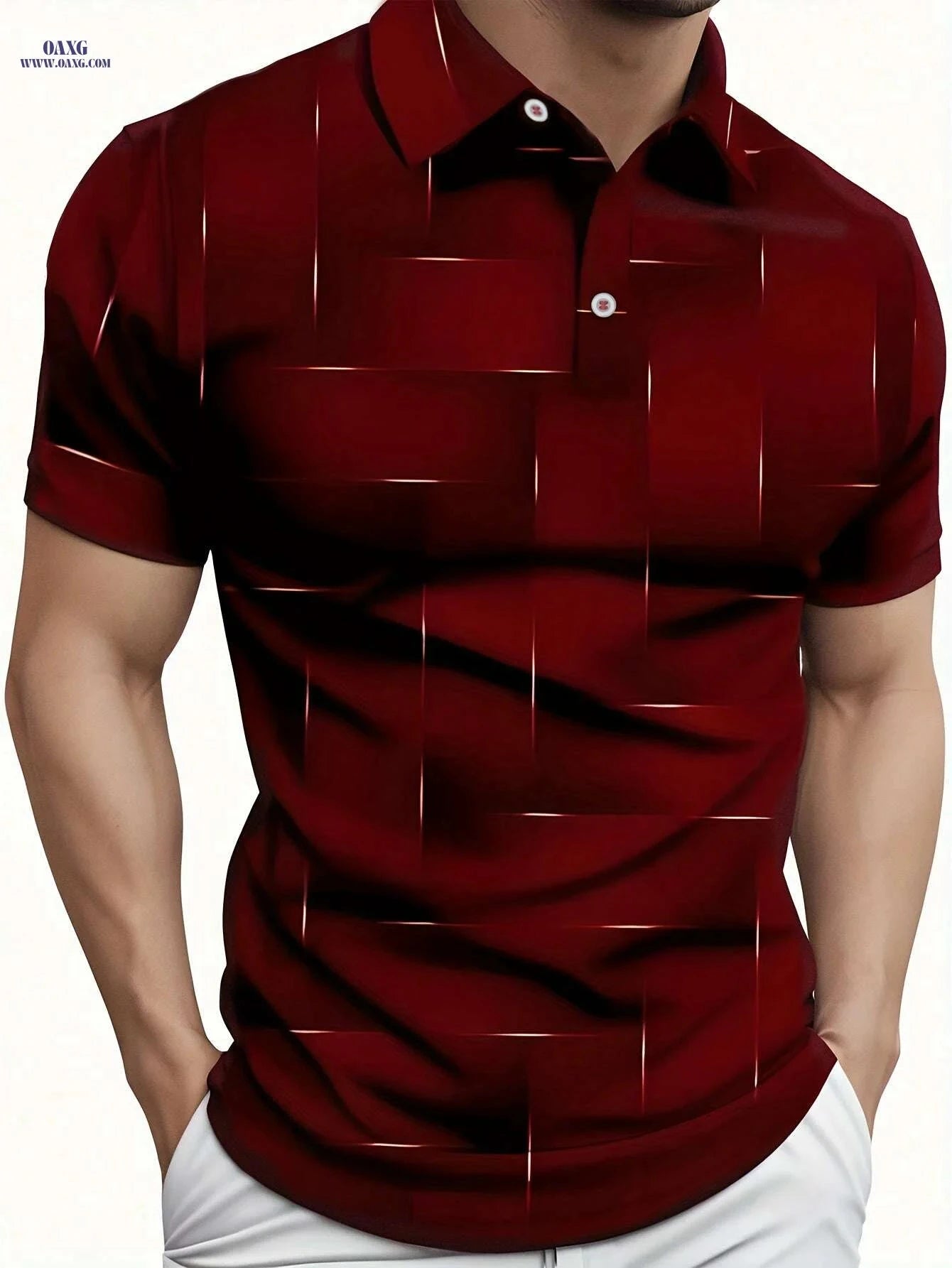 Men's Black & Golden Geometric Print Shirt - Stylish Short Sleeve Casual   OAXG Light Grey / XS