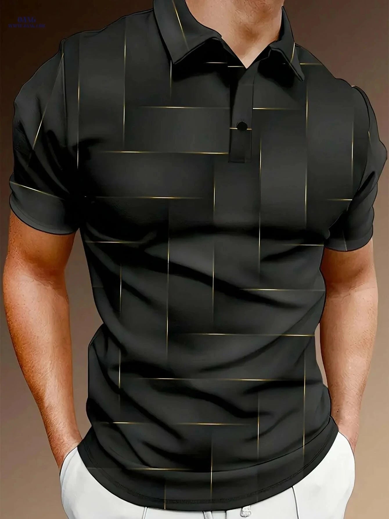 Men's Black & Golden Geometric Print Shirt - Stylish Short Sleeve Casual   OAXG Light Grey / XS