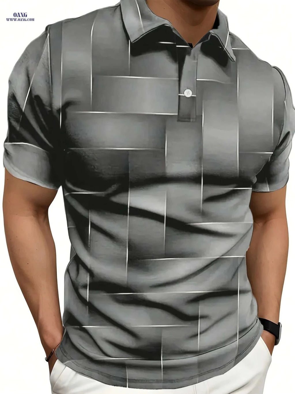 Men's Black & Golden Geometric Print Shirt - Stylish Short Sleeve Casual   OAXG Light Grey / XS