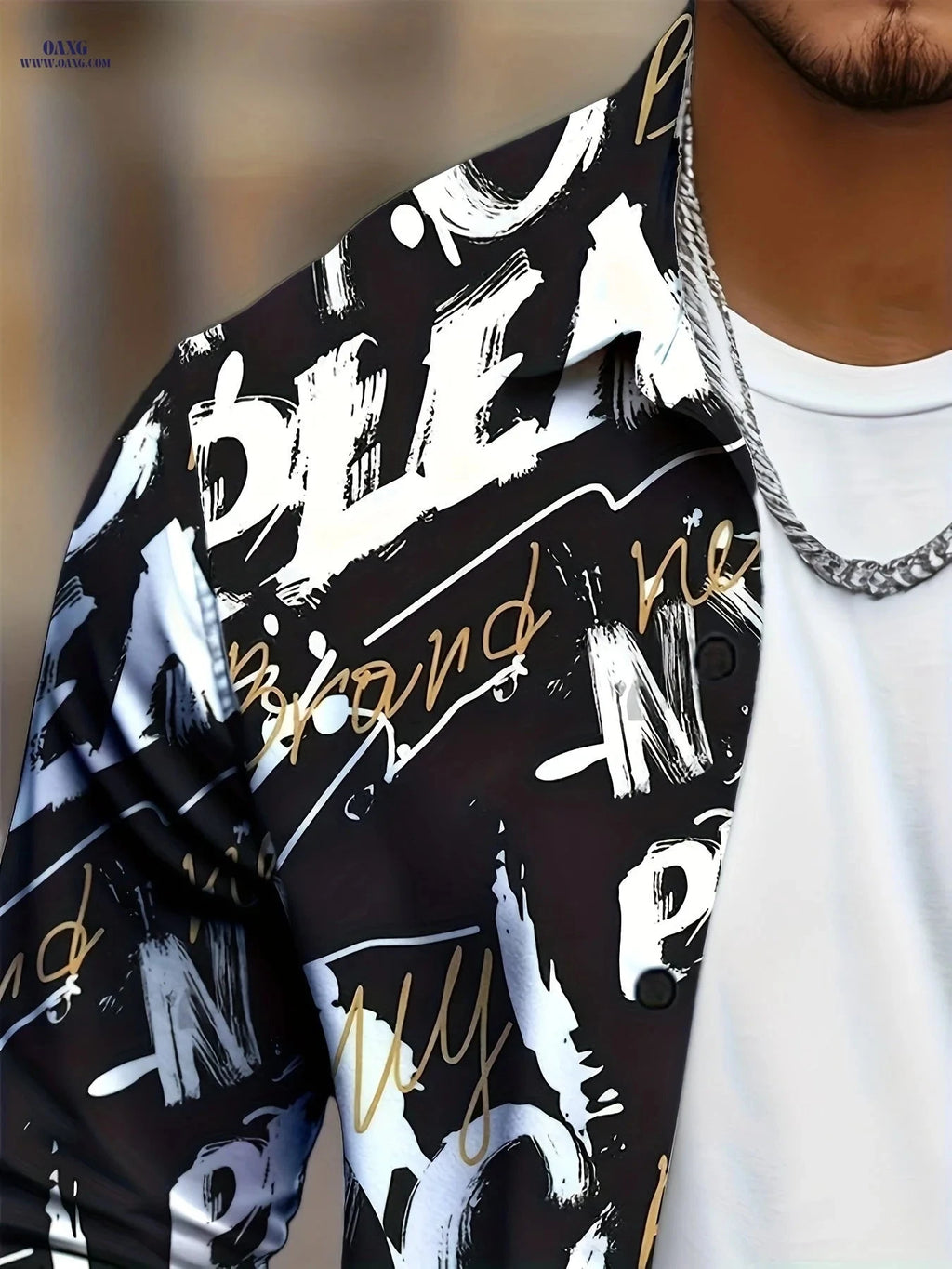 Men's Black Golden Graffiti Shirt - Trendy Urban Party Style   OAXG 