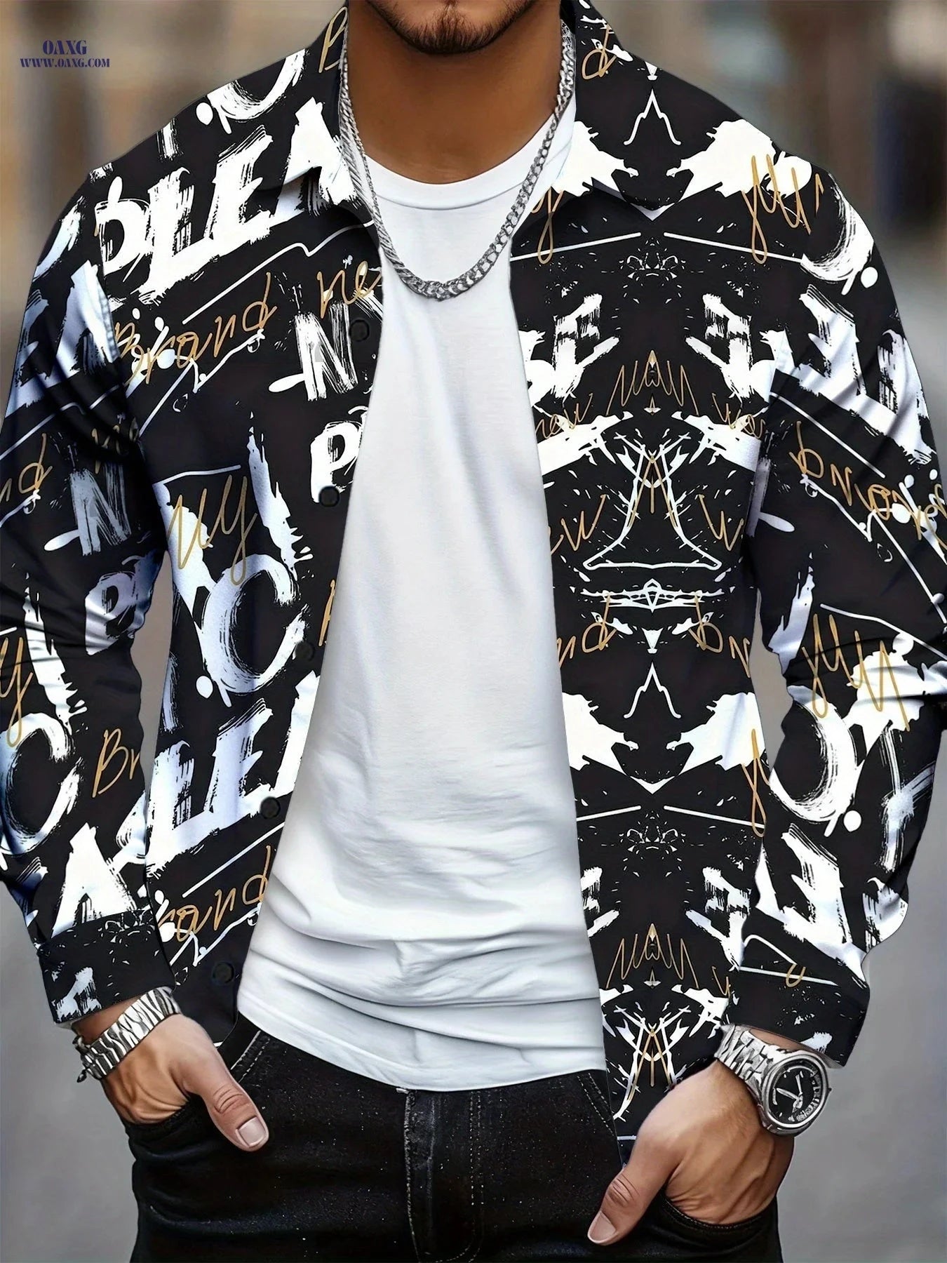Men's Black Golden Graffiti Shirt - Trendy Urban Party Style   OAXG 
