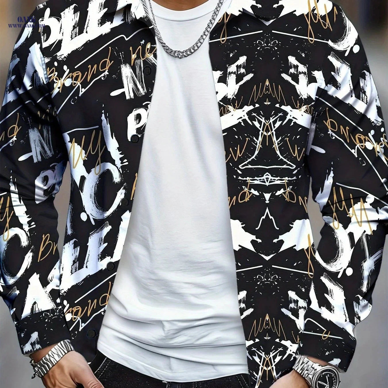 Men's Black Golden Graffiti Shirt - Trendy Urban Party Style   OAXG 
