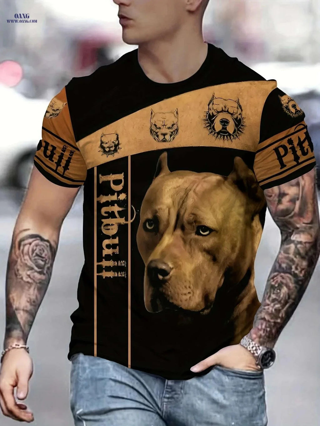 Men's Black Golden Pitbull Graphic T-Shirt - Casual Lightweight Tee   OAXG Black / S