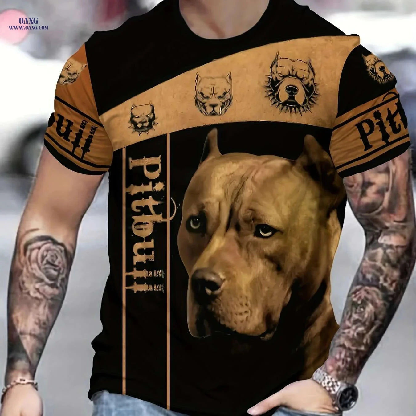 Men's Black Golden Pitbull Graphic T-Shirt - Casual Lightweight Tee   OAXG Black / S