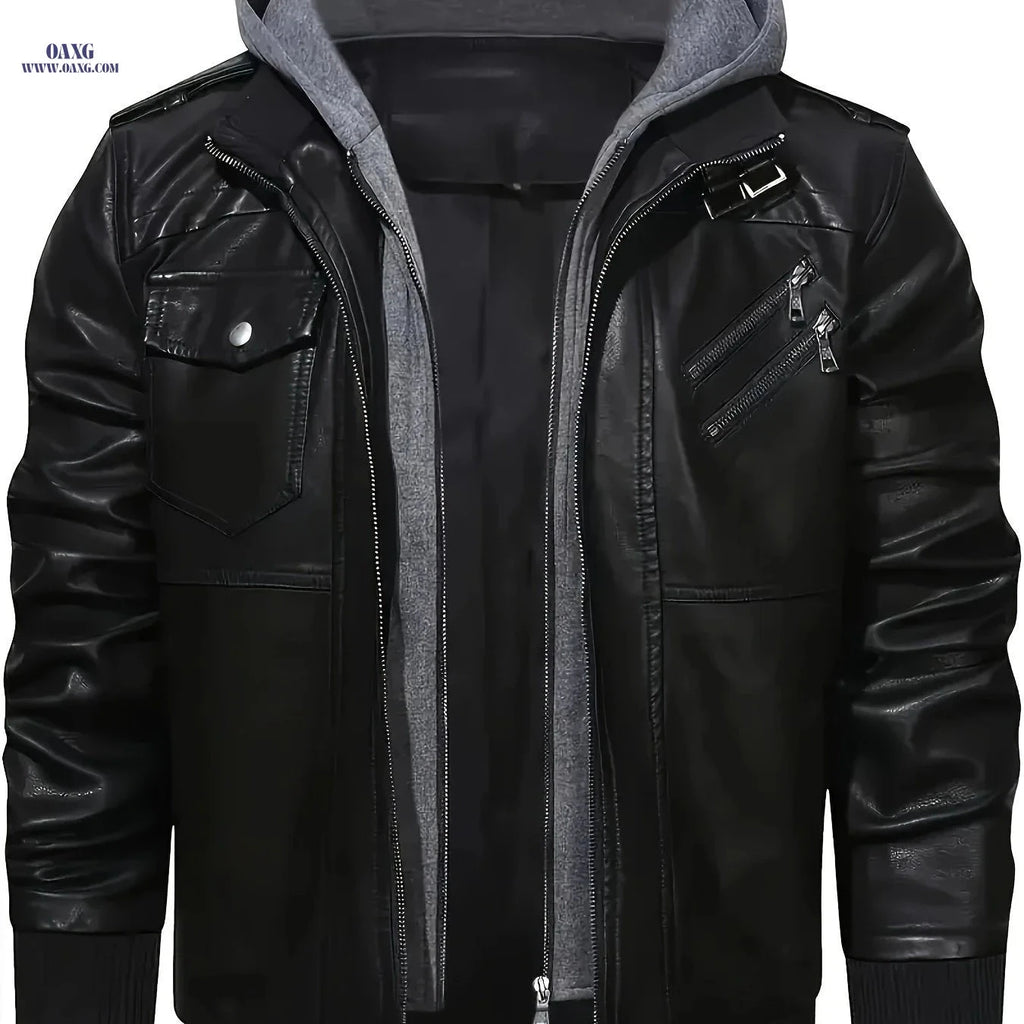 Men's Black Hooded Jacket - Casual Full-Zip, Polyester Lining   OAXG 