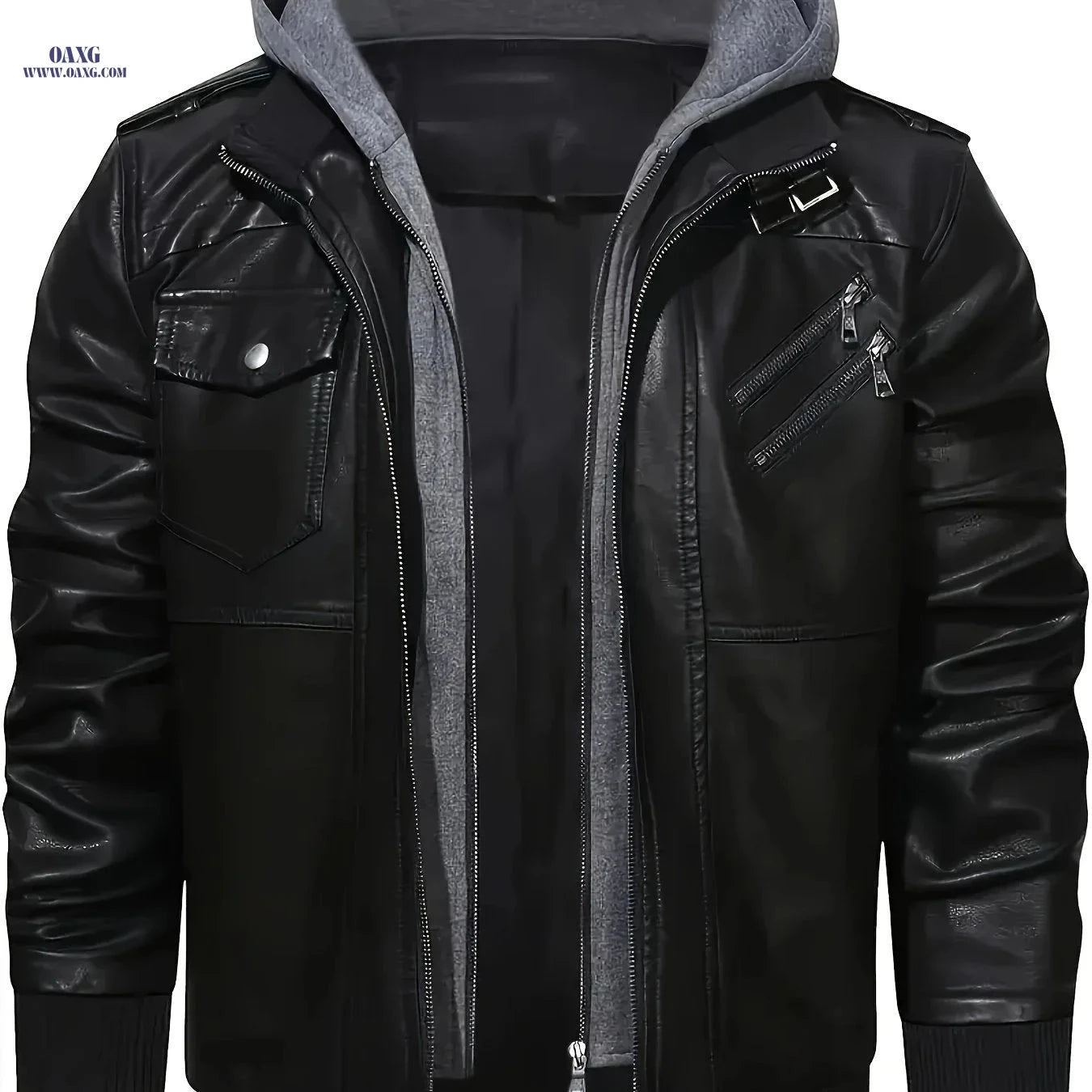 Men's Black Hooded Jacket - Casual Full-Zip, Polyester Lining   OAXG 