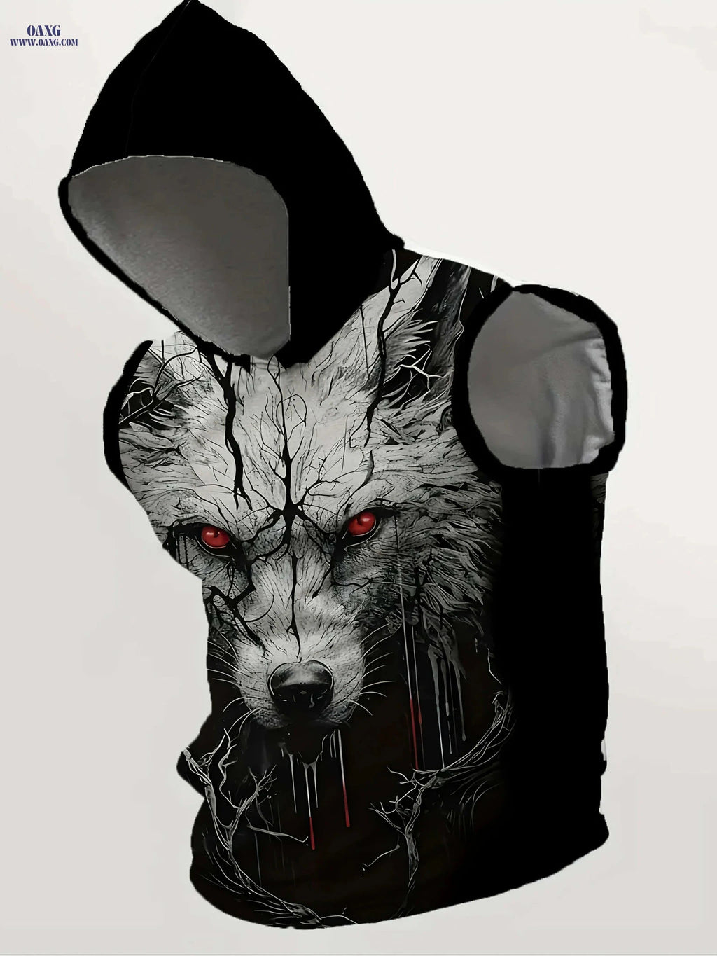 Men's Black Hooded Tank Top - Casual Loose Fit with Wolf Print   OAXG Black / M