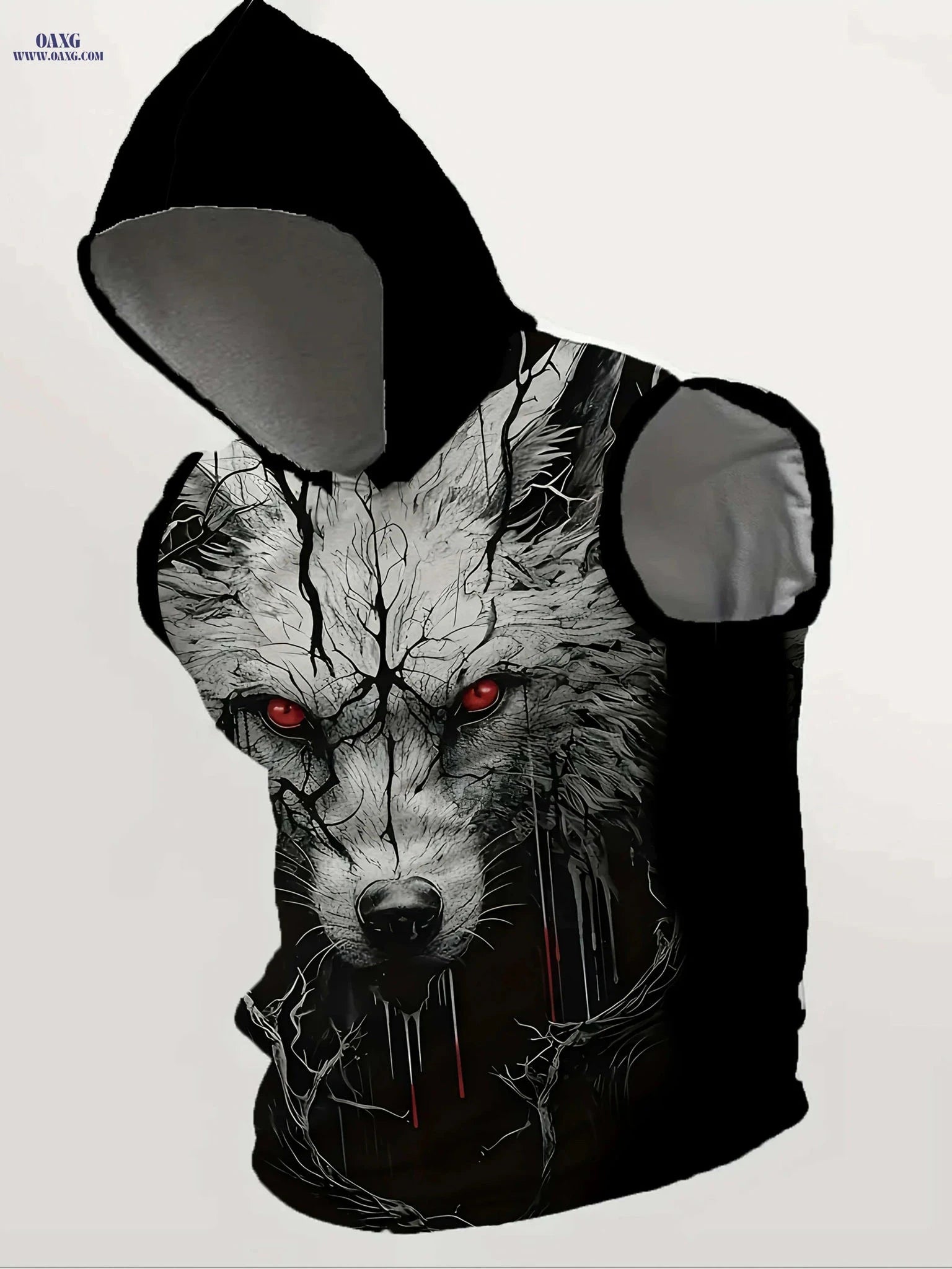 Men's Black Hooded Tank Top - Casual Loose Fit with Wolf Print   OAXG Black / M