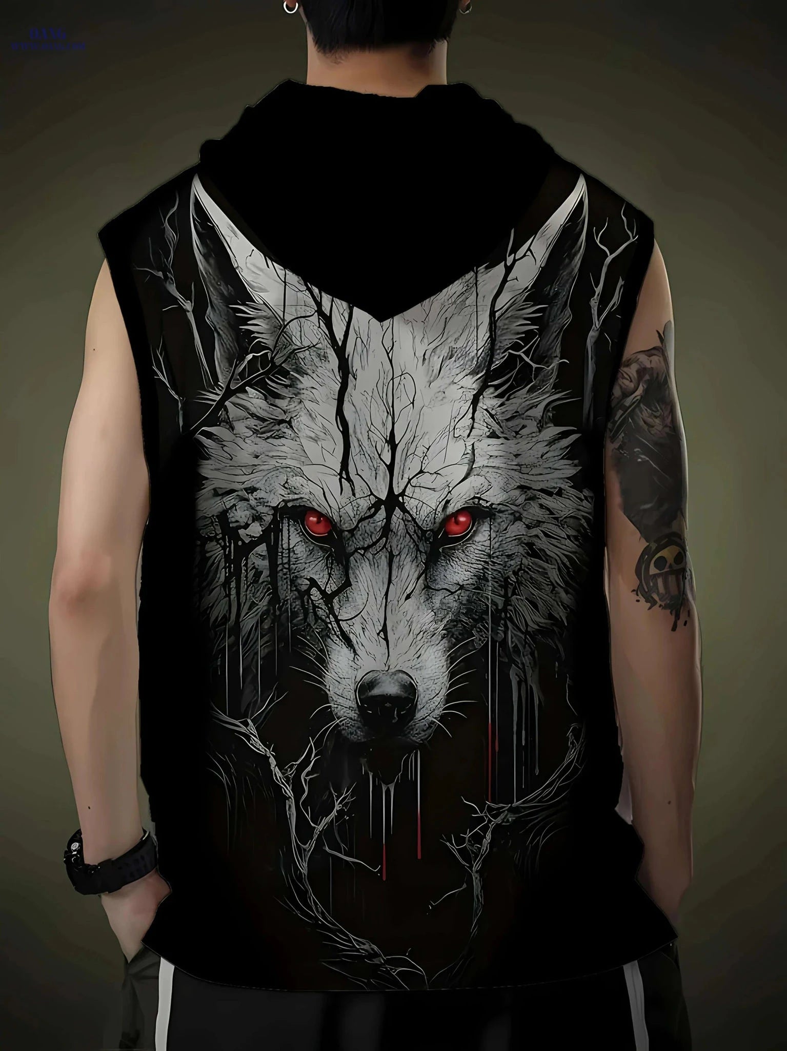 Men's Black Hooded Tank Top - Casual Loose Fit with Wolf Print   OAXG Black / M