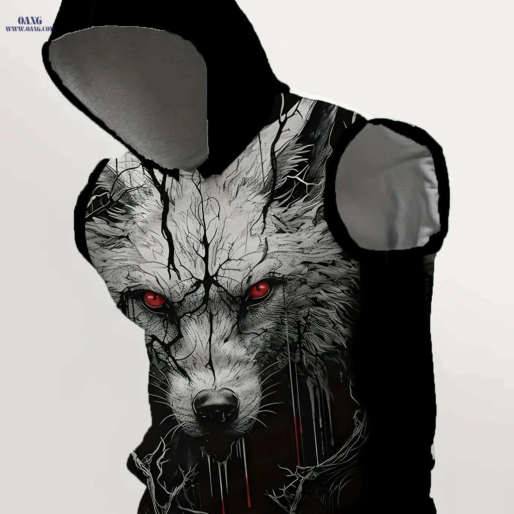 Men's Black Hooded Tank Top - Casual Loose Fit with Wolf Print   OAXG Black / M
