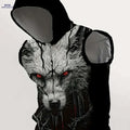 Men's Black Hooded Tank Top - Casual Loose Fit with Wolf Print   OAXG Black / M