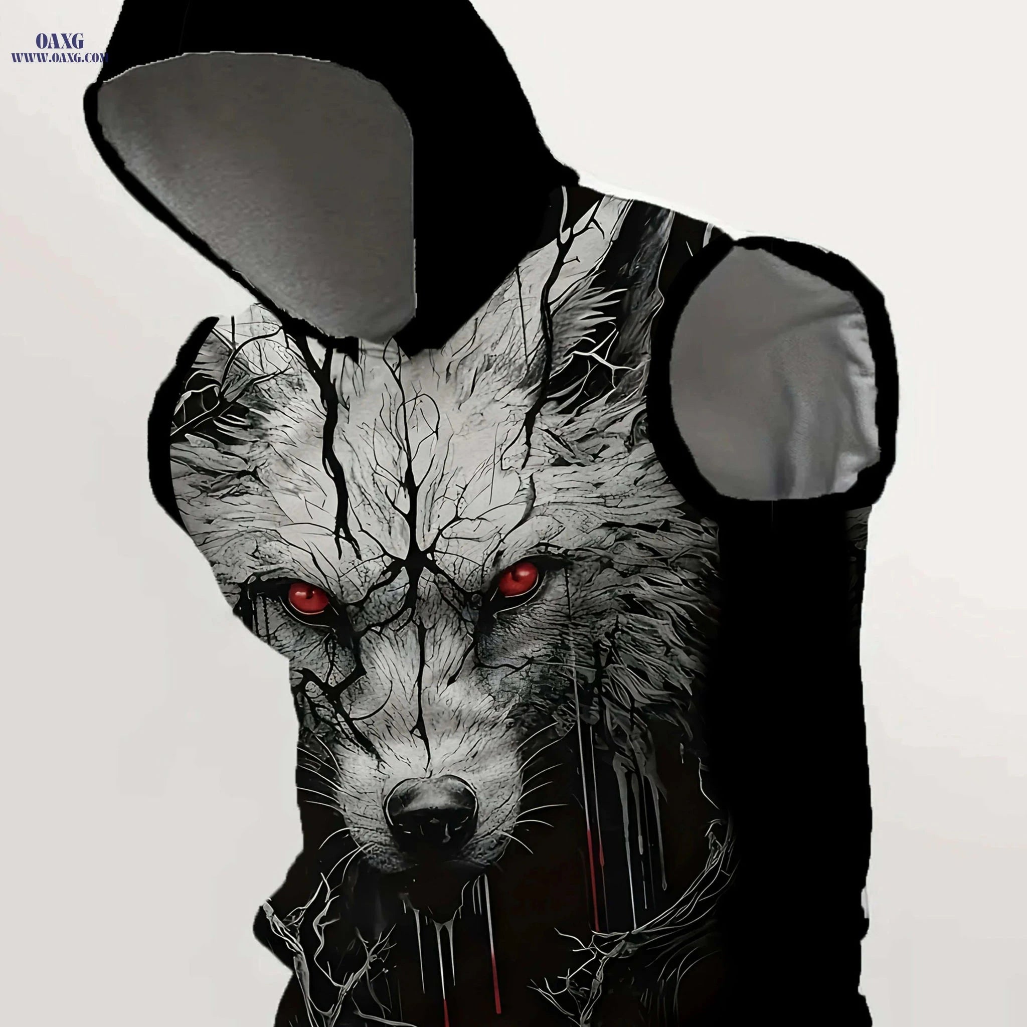 Men's Black Hooded Tank Top - Casual Loose Fit with Wolf Print   OAXG Black / M