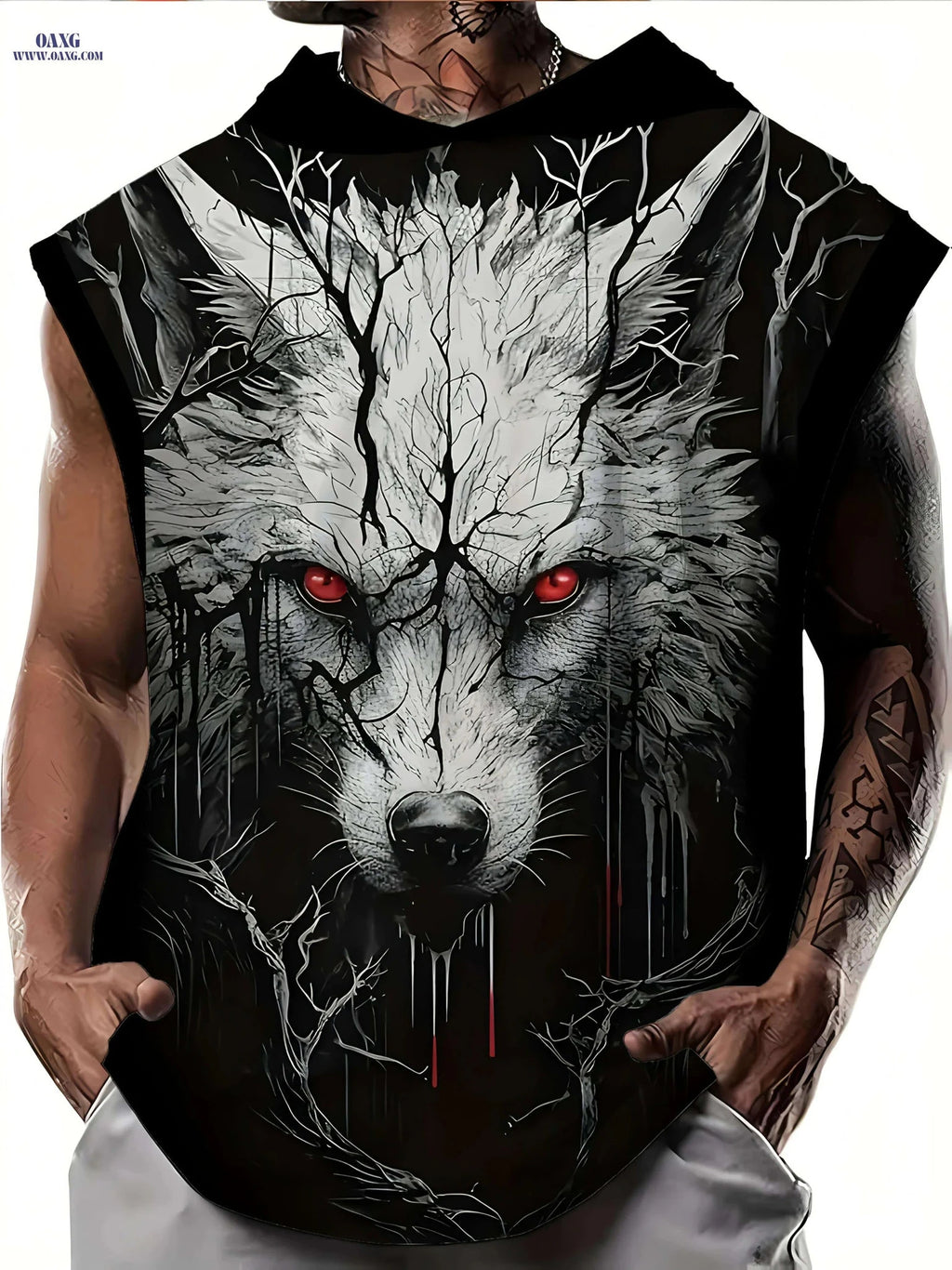Men's Black Hooded Tank Top - Casual Loose Fit with Wolf Print   OAXG 