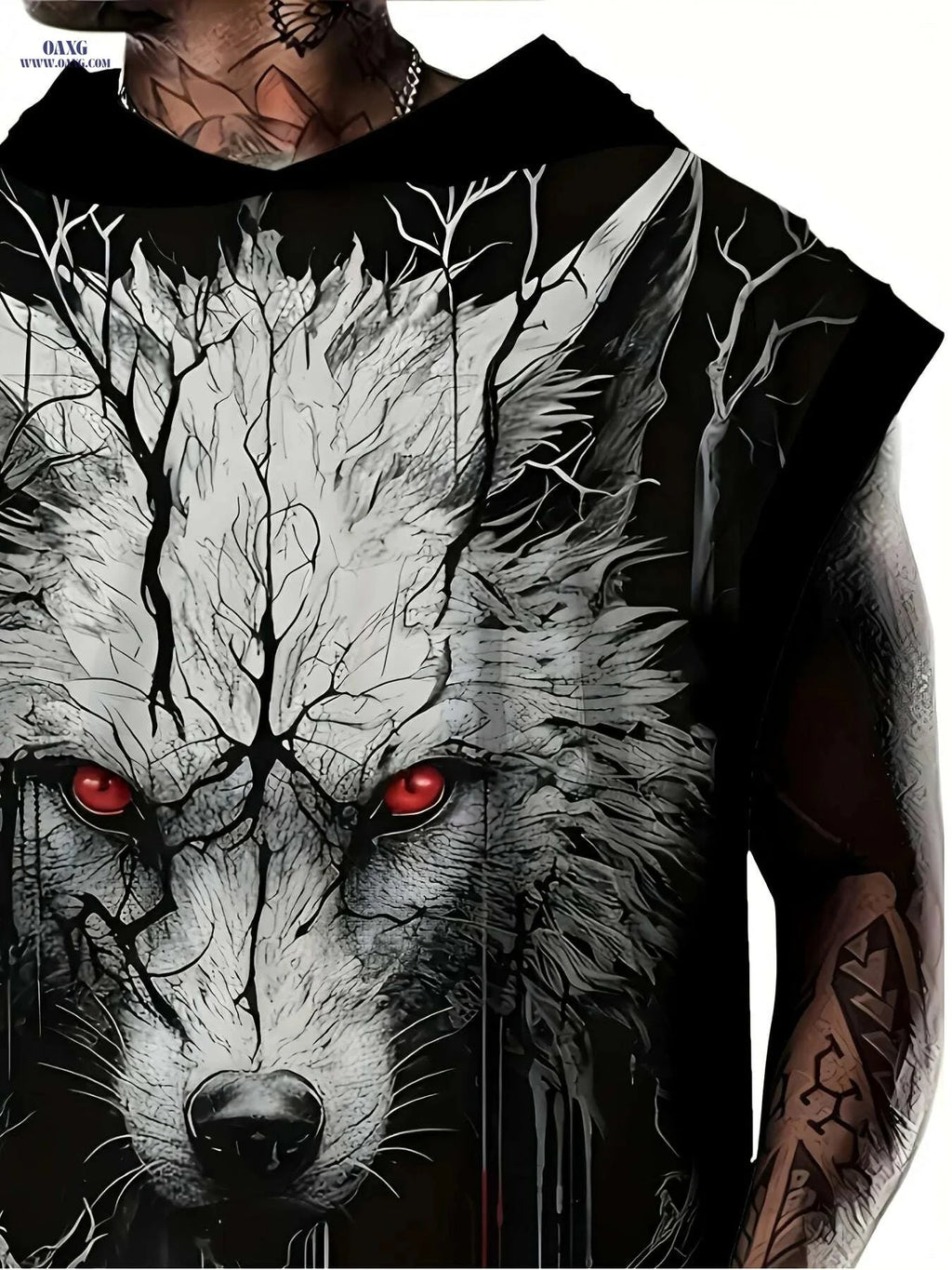 Men's Black Hooded Tank Top - Casual Loose Fit with Wolf Print   OAXG 