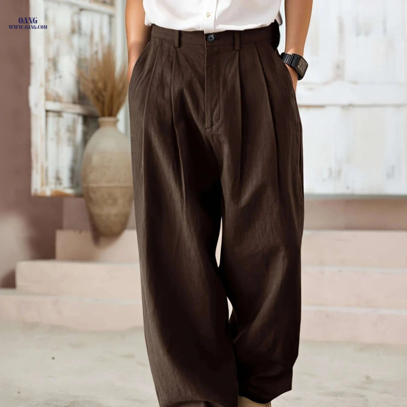 Men's Black Linen Pants - Loose Fit, Straight Leg for All Seasons   OAXG 