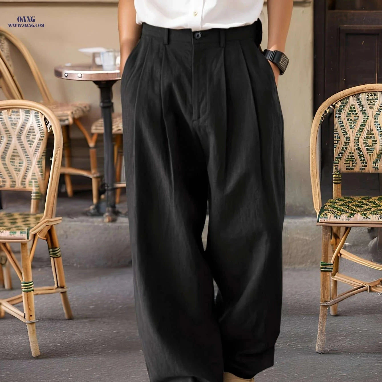 Men's Black Linen Pants - Loose Fit, Straight Leg for All Seasons   OAXG 
