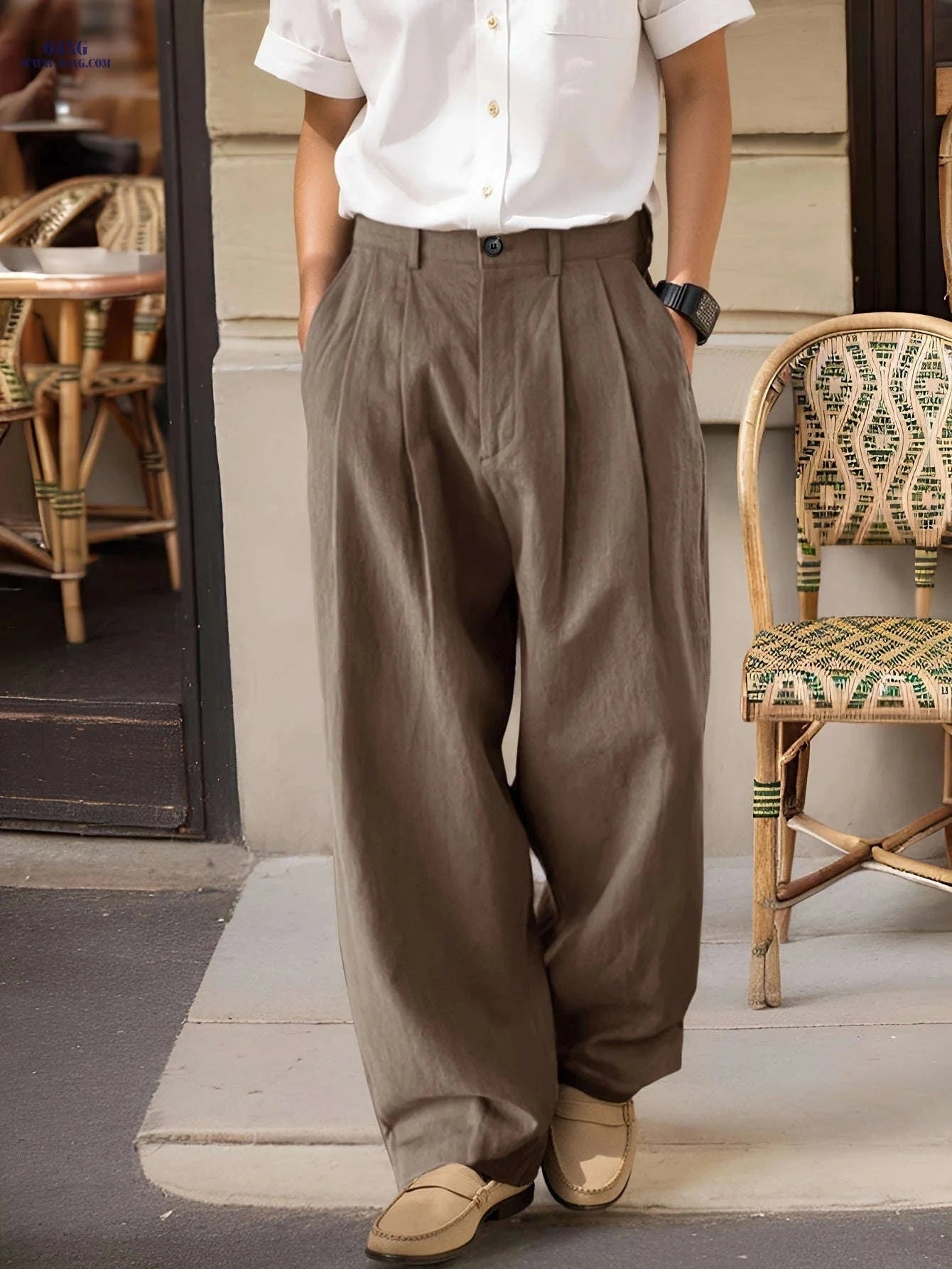 Men's Black Linen Pants - Loose Fit, Straight Leg for All Seasons   OAXG Army Green / FR S
