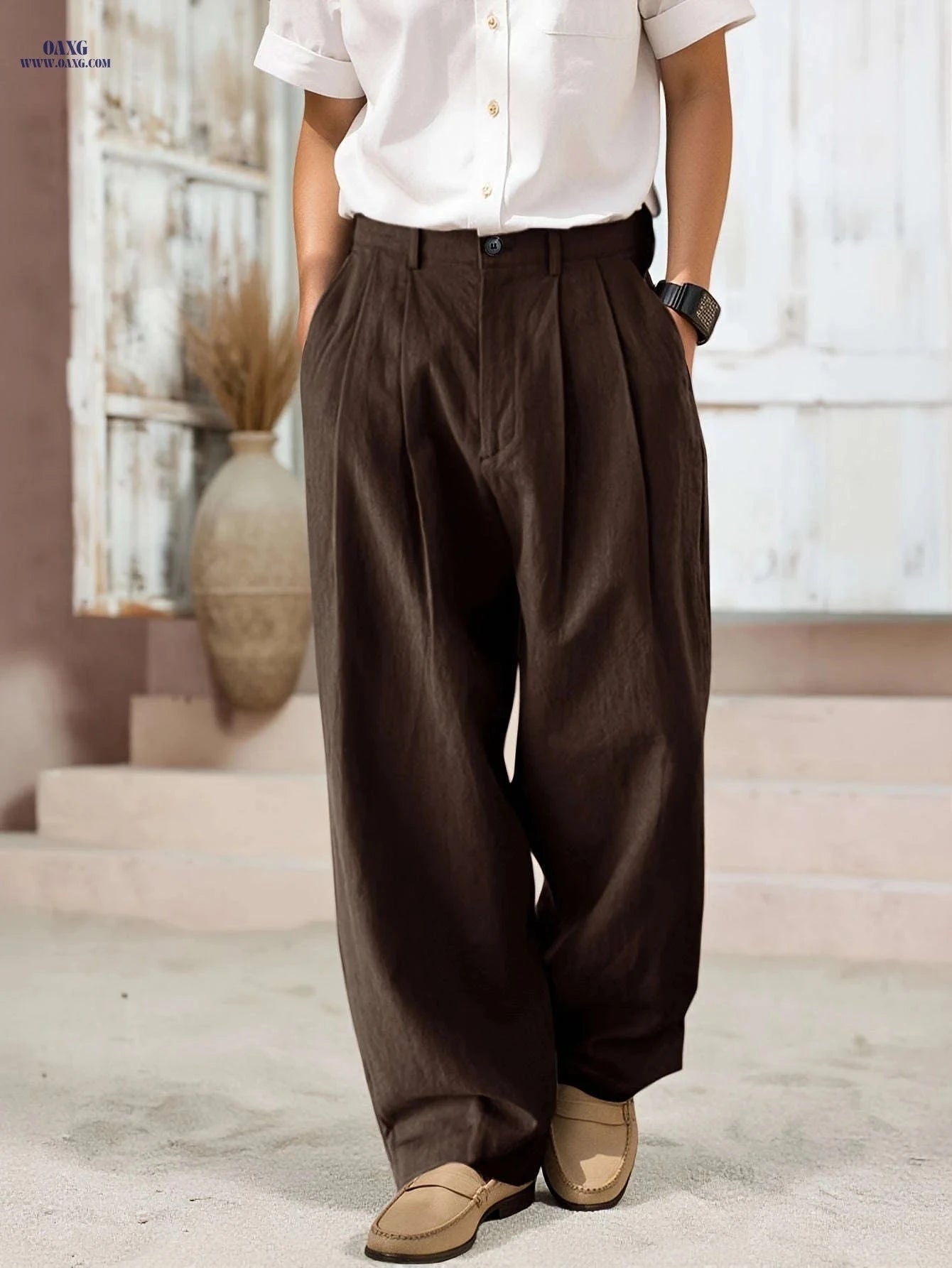 Men's Black Linen Pants - Loose Fit, Straight Leg for All Seasons   OAXG Army Green / FR S