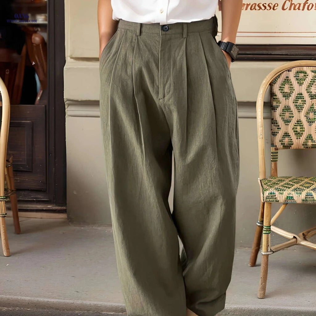 Men's Black Linen Pants - Loose Fit, Straight Leg for All Seasons   OAXG Army Green / FR S