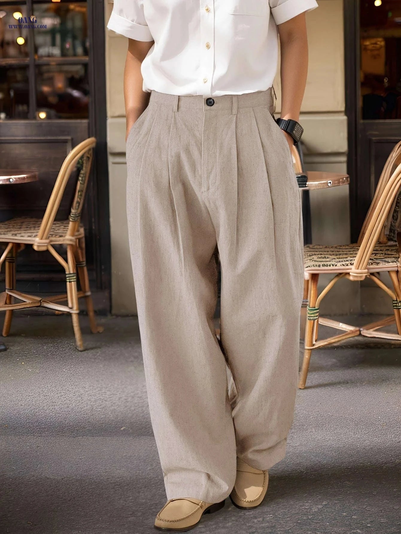 Men's Black Linen Pants - Loose Fit, Straight Leg for All Seasons   OAXG Army Green / FR S