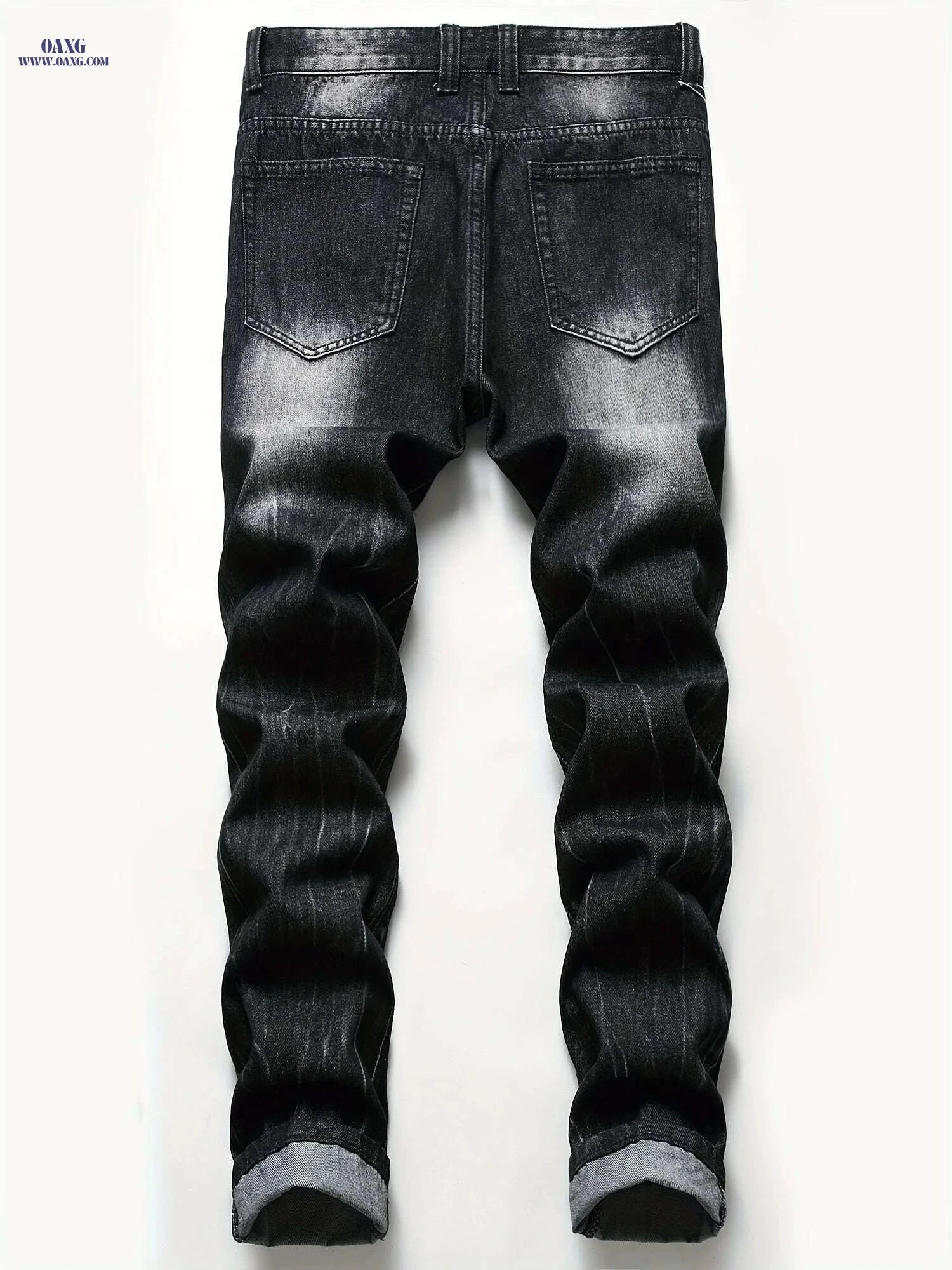 Men's Black Ripped Jeans - Regular Fit Tapered Distressed Denim   OAXG 