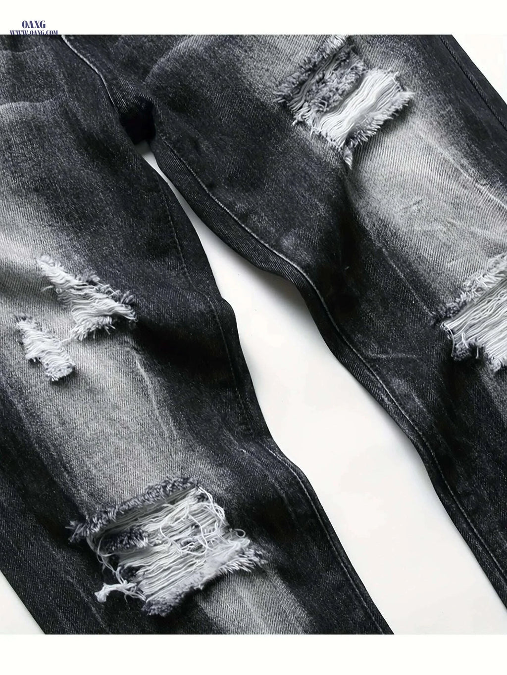 Men's Black Ripped Jeans - Regular Fit Tapered Distressed Denim   OAXG Black / 28