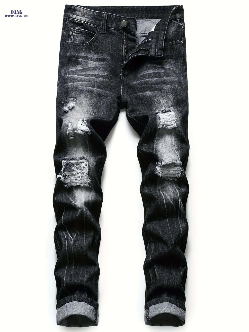 Men's Black Ripped Jeans - Regular Fit Tapered Distressed Denim   OAXG Black / 28