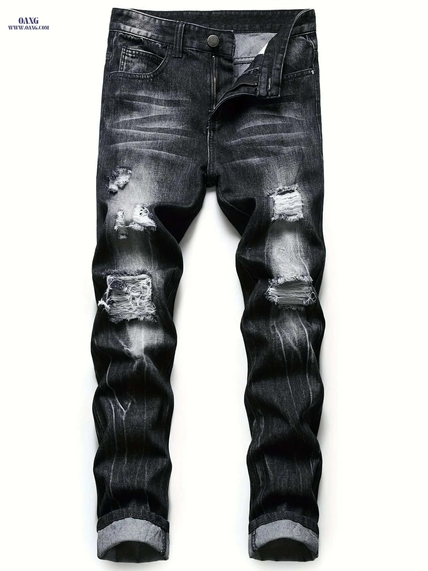 Men's Black Ripped Jeans - Regular Fit Tapered Distressed Denim   OAXG Black / 28