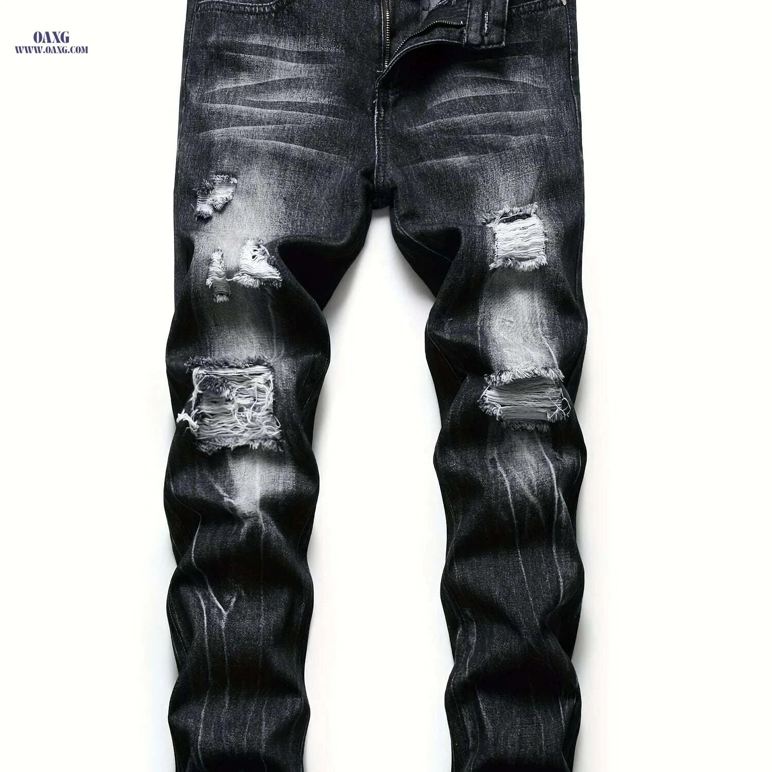 Men's Black Ripped Jeans - Regular Fit Tapered Distressed Denim   OAXG Black / 28