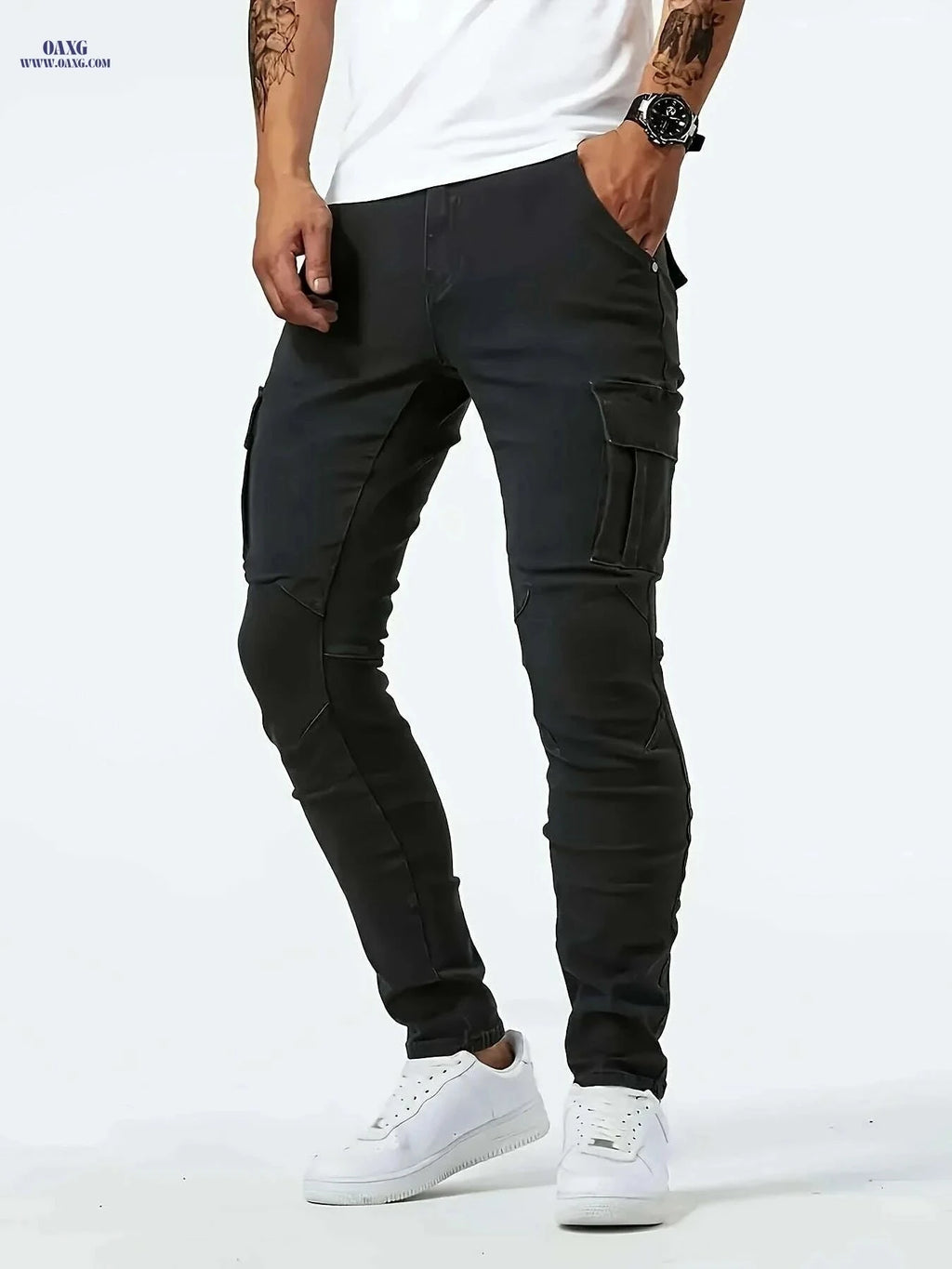 Men's Black Slim-Fit Stretch Jeans - All-Season Casual Wear   OAXG 