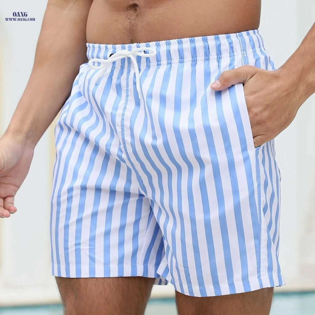 Men's Blue and White Striped Swim Trunks - Casual Loose Fit Swimwear   OAXG 