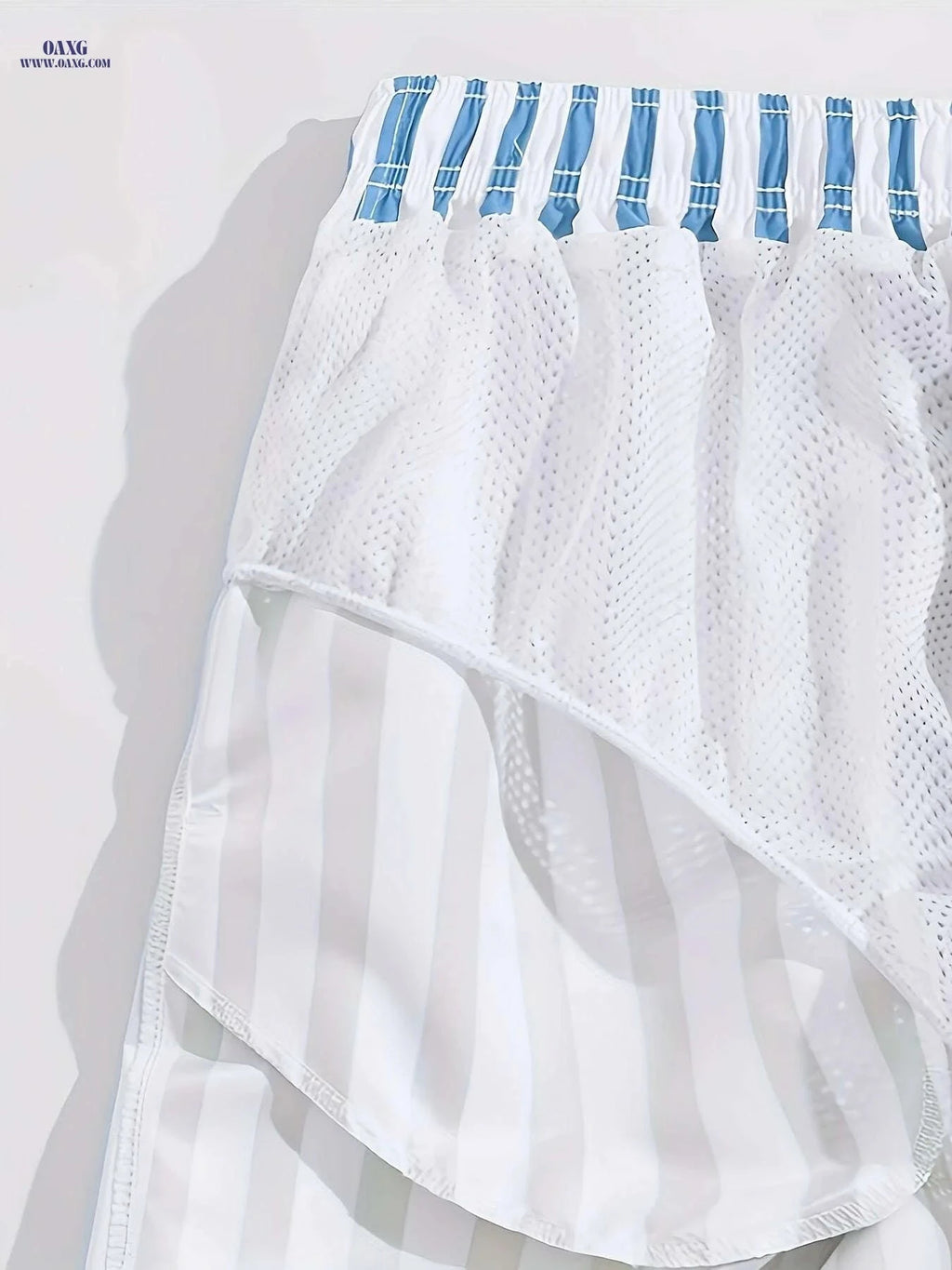 Men's Blue and White Striped Swim Trunks - Casual Loose Fit Swimwear   OAXG 