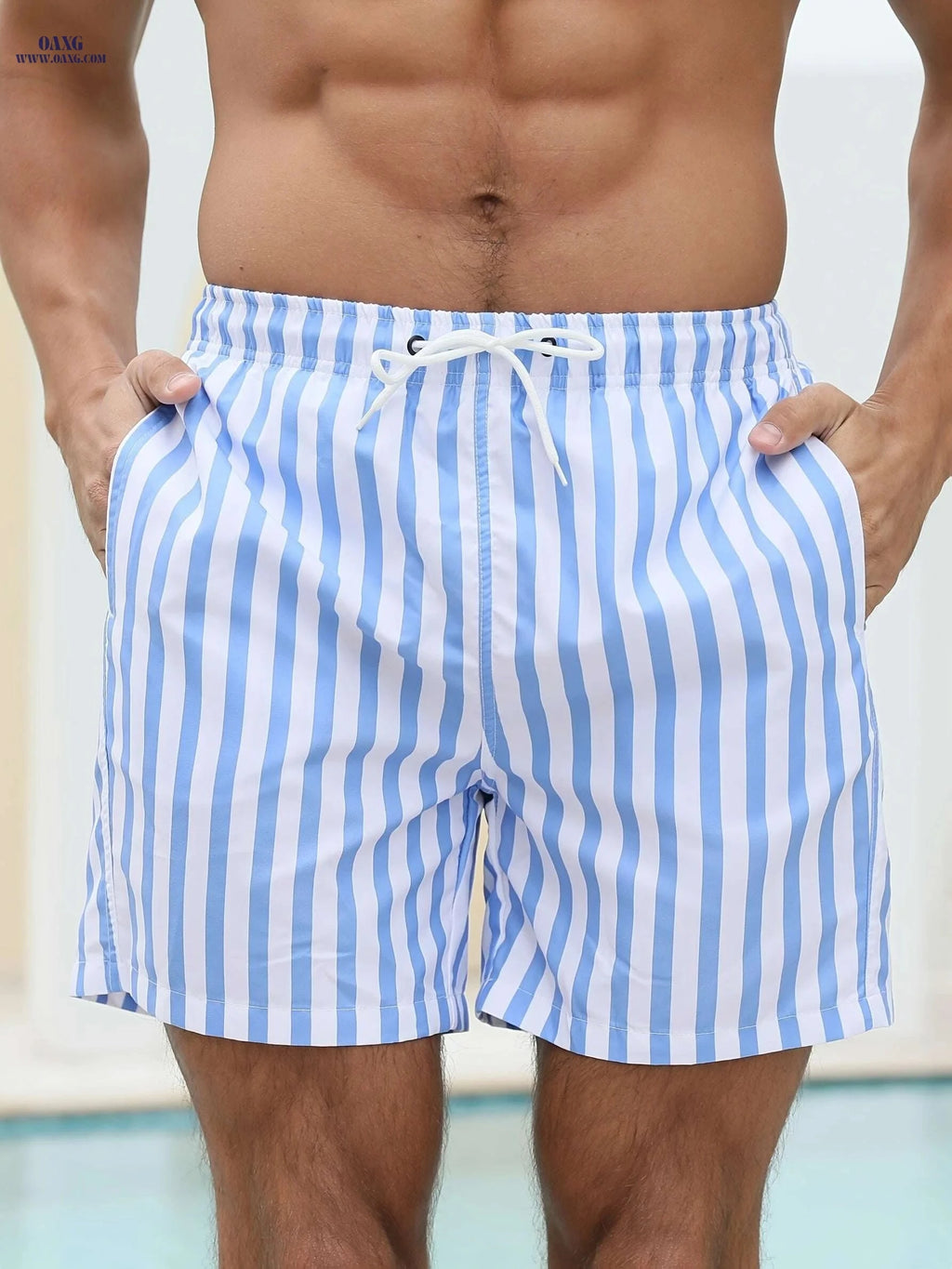 Men's Blue and White Striped Swim Trunks - Casual Loose Fit Swimwear   OAXG Sky Blue / M