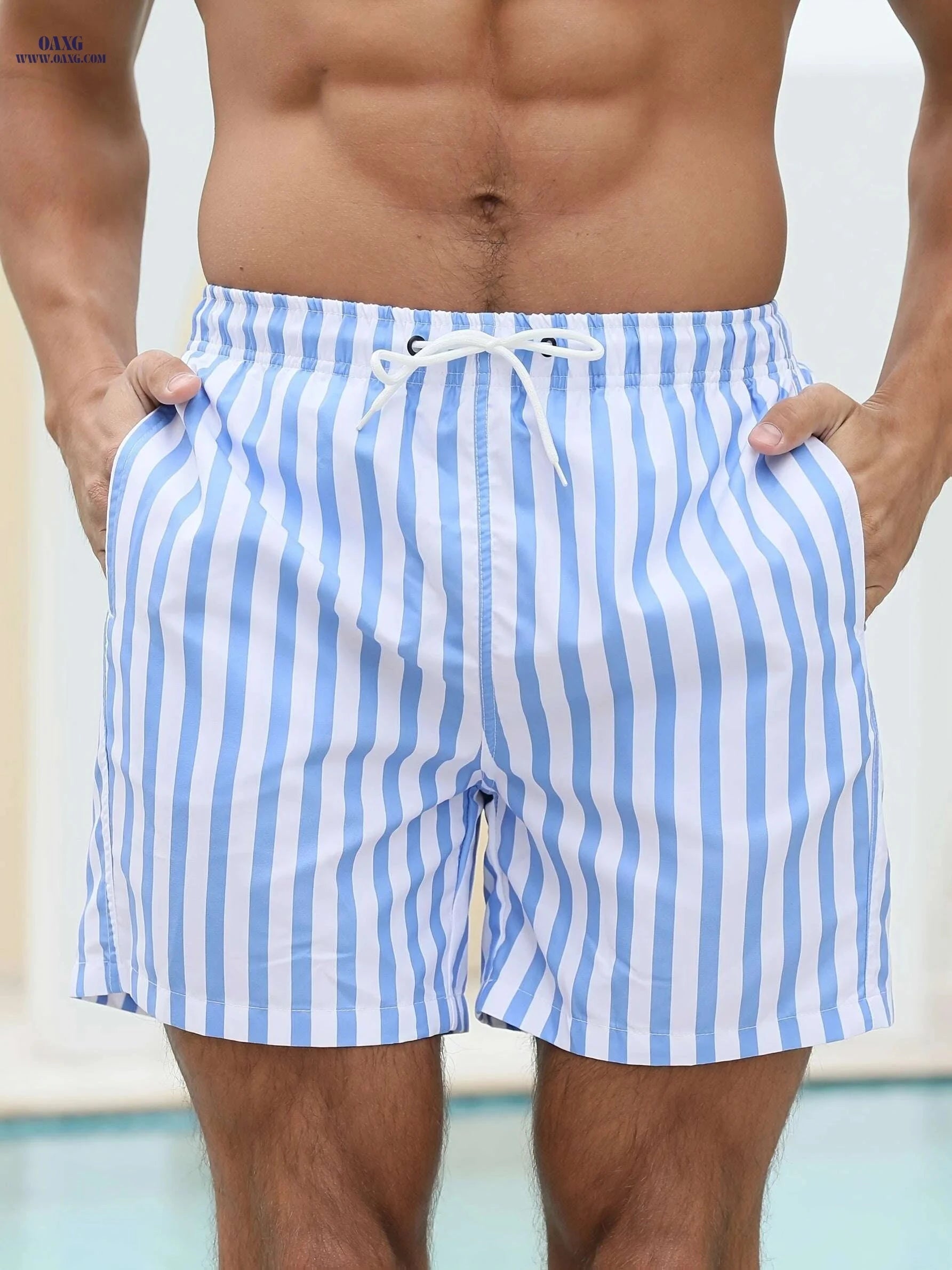 Men's Blue and White Striped Swim Trunks - Casual Loose Fit Swimwear   OAXG Sky Blue / M