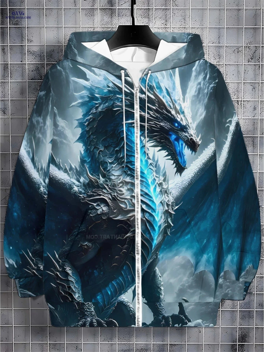 Men's Blue Dragon Print Hoodie - Stylish Zipper Casual Wear   OAXG 