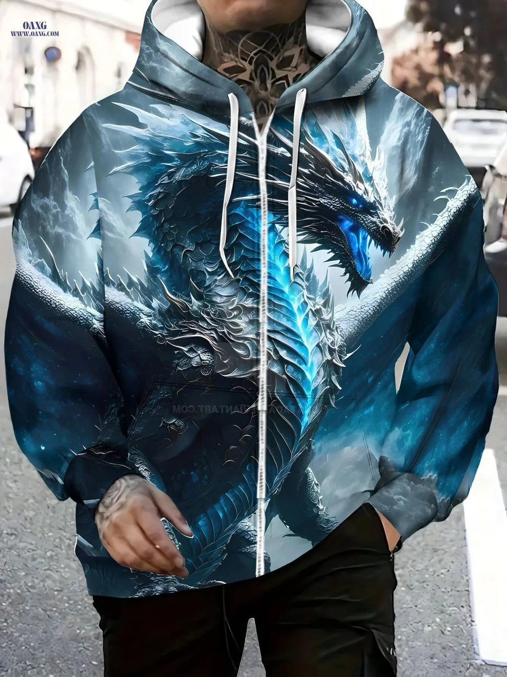 Men's Blue Dragon Print Hoodie - Stylish Zipper Casual Wear   OAXG 【Multicolor】 / FR M