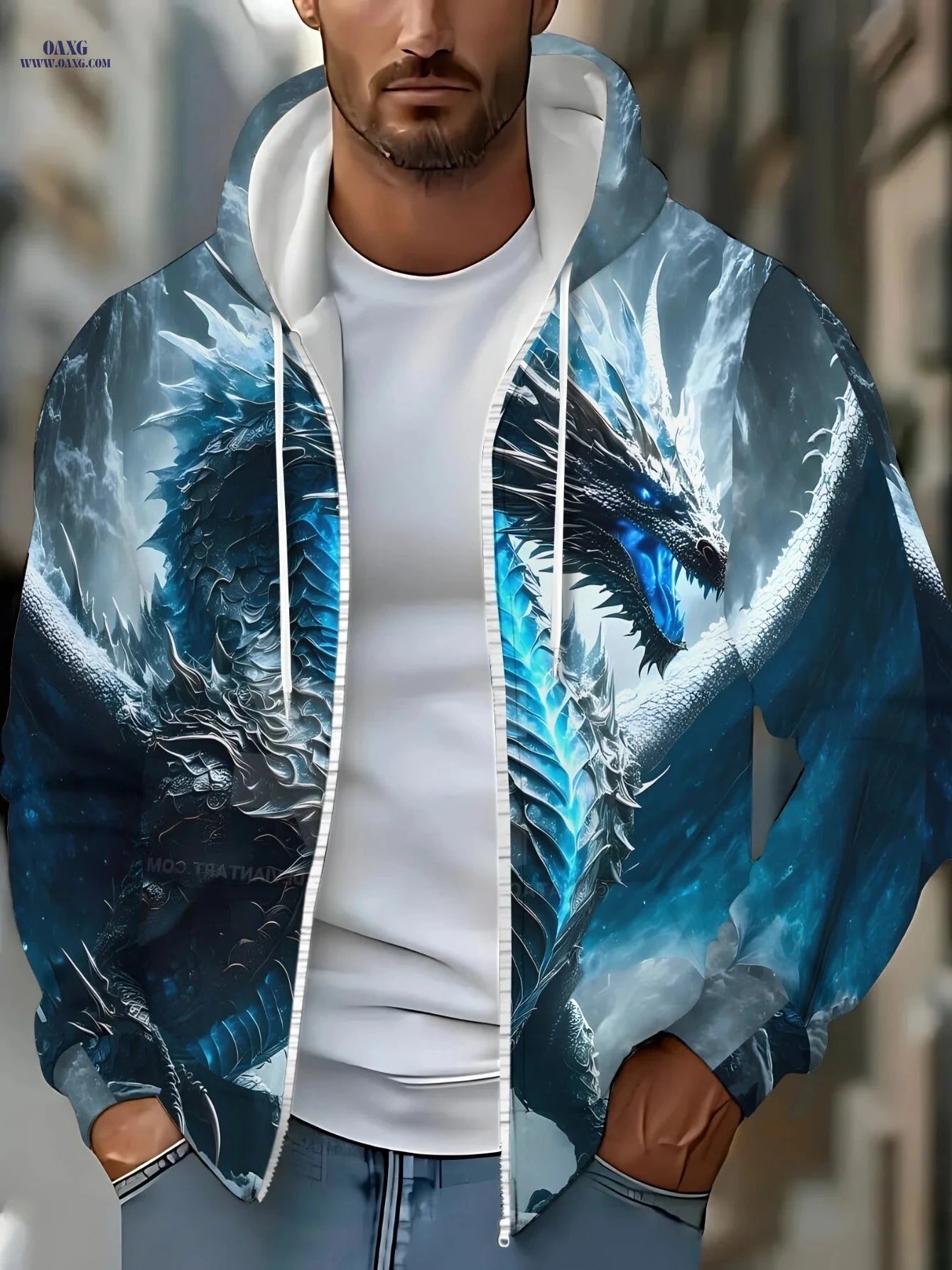 Men's Blue Dragon Print Hoodie - Stylish Zipper Casual Wear   OAXG 【Multicolor】 / FR M